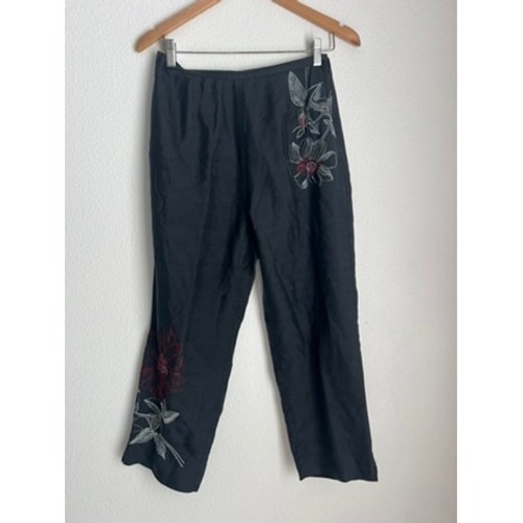 ANNE CARSON Black Embroidered Silk Blend Pants Size 8 Floral Beaded - Picture 1 of 6